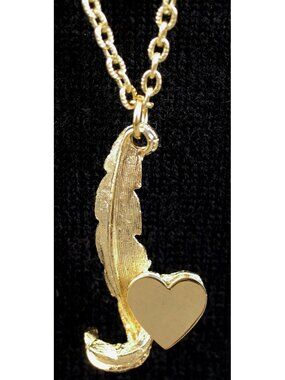 VTG 70s Gold Tone Initial I Feather Heart Necklace